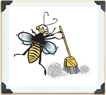 Cartoon illustration of a bee with a broom. 