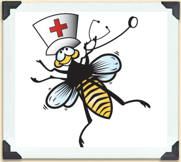 Cartoon illustration of a bee dressed as a nurse. 
