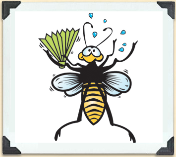 Cartoon illustration of a bee waving a fan. 